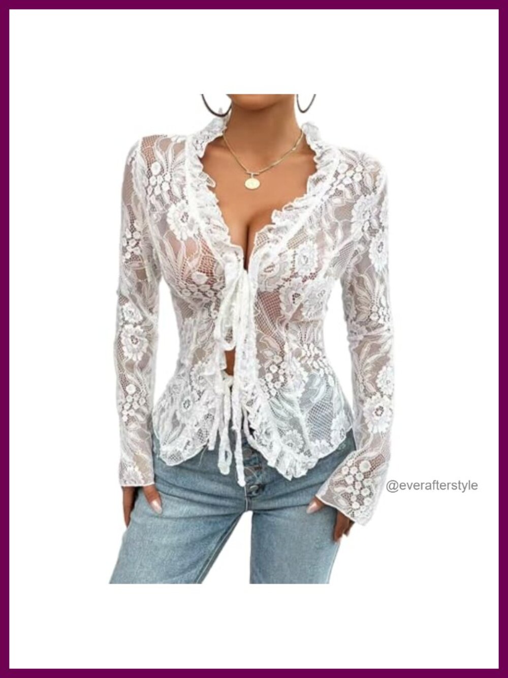 Women's V Neck Lace Sheer Mesh Top Long Sleeve Y2K Blouse